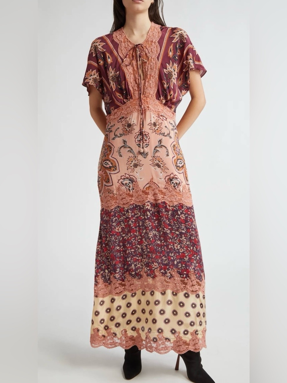 FARM Rio Patchwork Midi Dress in Blush and Burgundy